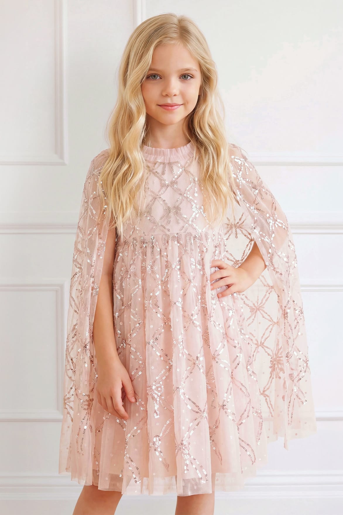 Needle & Thread Bow Lattice Cape Kids Dress sukienka Pink