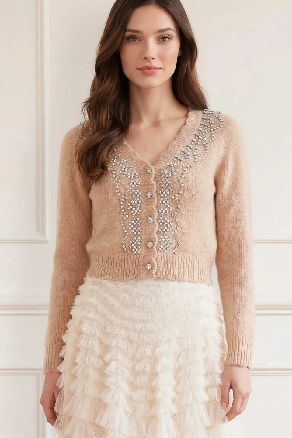Needle & Thread V-Neck Cardigan kardigan beżowy zdobny