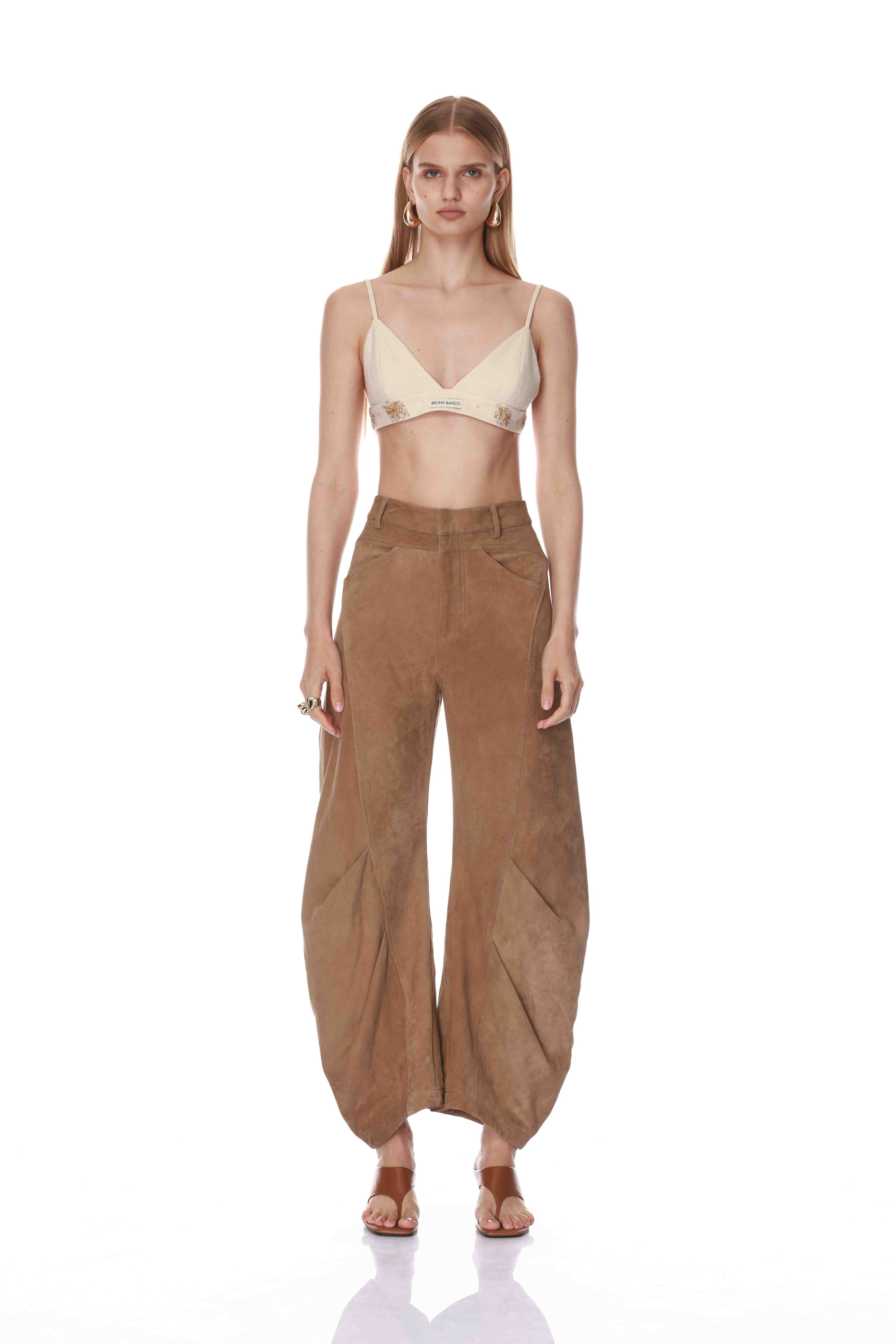 Bronx and Banco Suede Brown spodnie zamszowe barrel