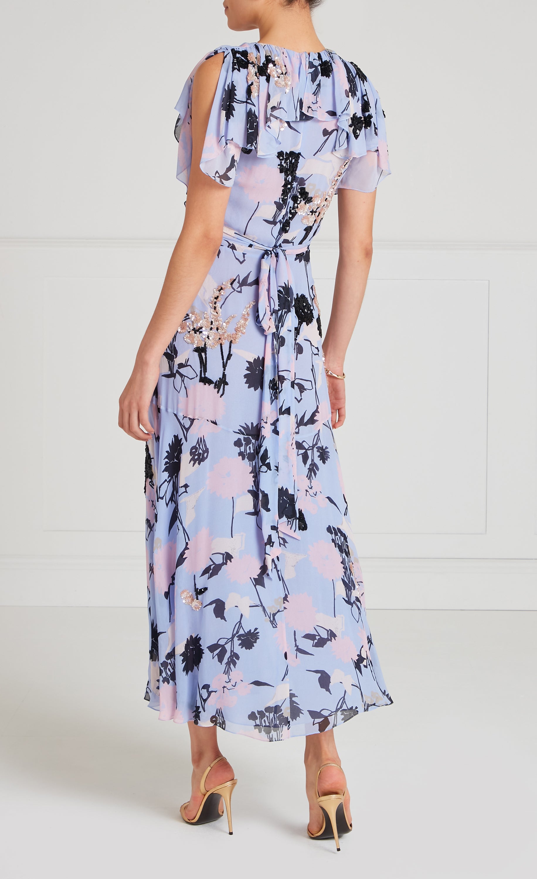 Temperley London Maisie Wrap Dress sukienka lawendowa cekinowa