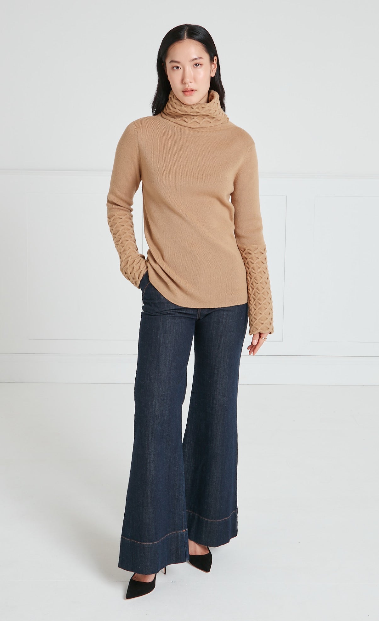 Temperley Honeycomb sweter Camel wełniany golf