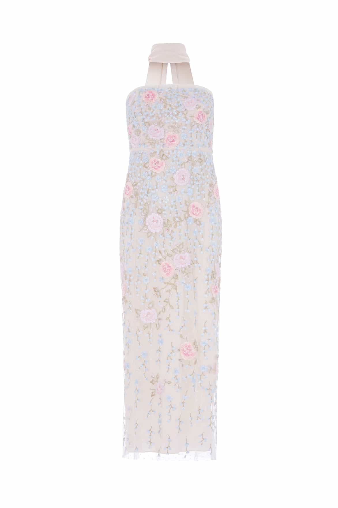 Needle & Thread Cressida Strapless suknia kremowa haftowana z gorsetem