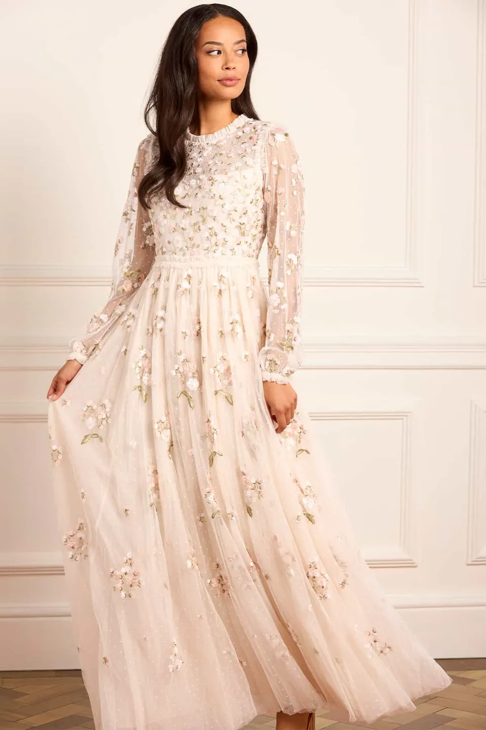 Needle & Thread Posy Round Neck Gown sukienka kremowa