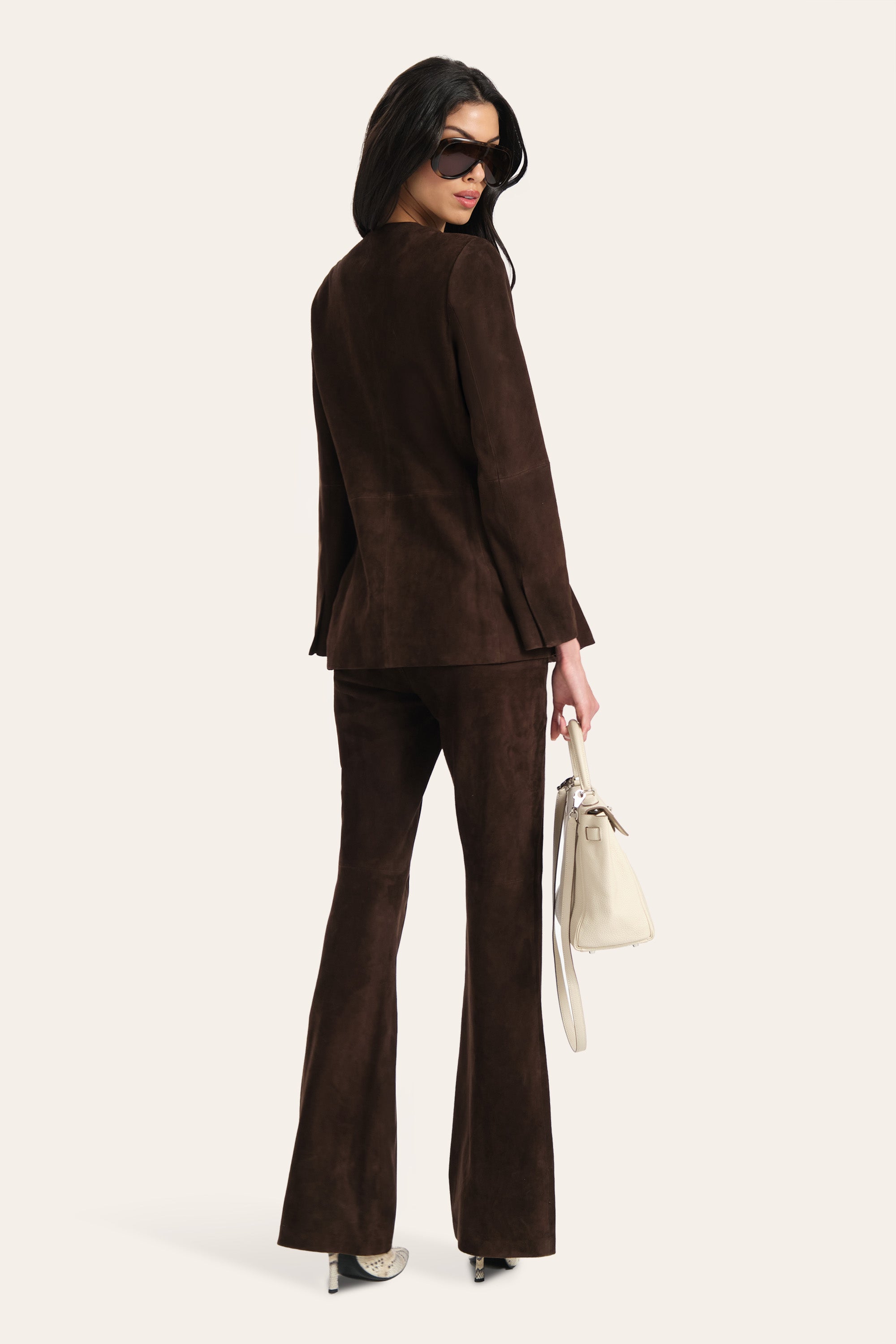 Elie Tahari Anouk Tailored Suede kurtka zamszowa brązowa koza