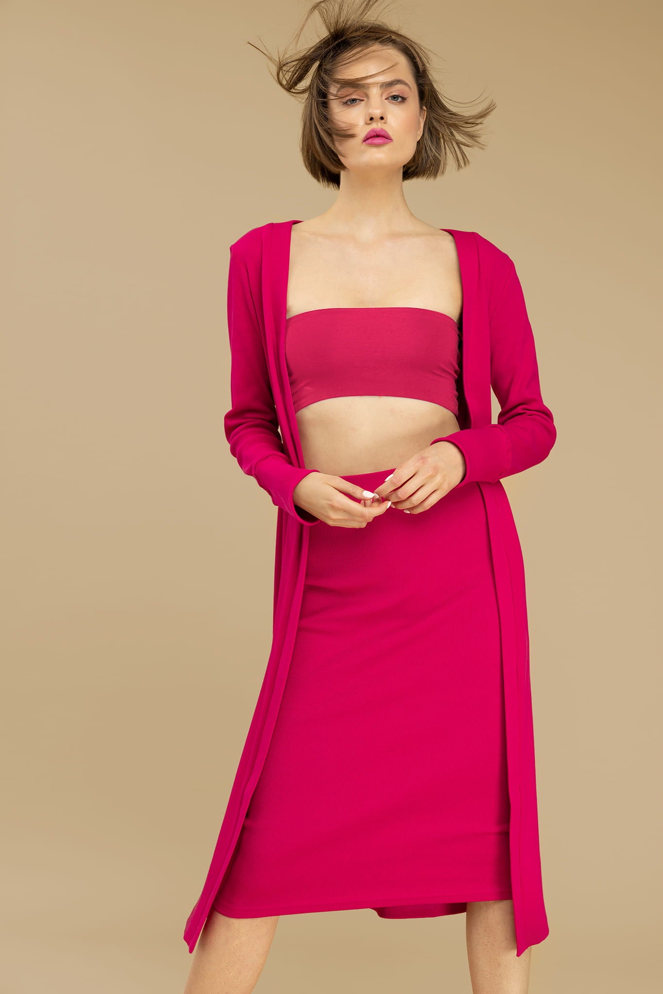 Nudyess Iris kardigan długi Magenta prążkowany