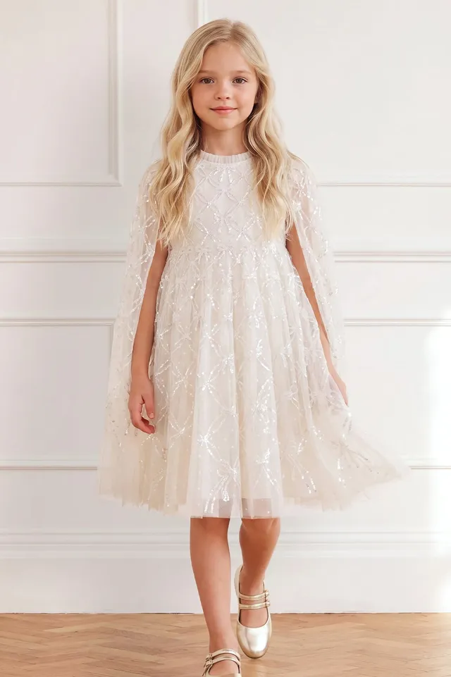 Needle & Thread Bow Lattice Cape Kids Dress sukienka kremowa