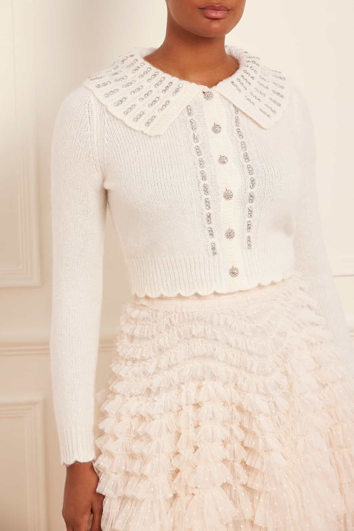 Needle & Thread Embellished Collar Short Cardigan sweter krem alpaka