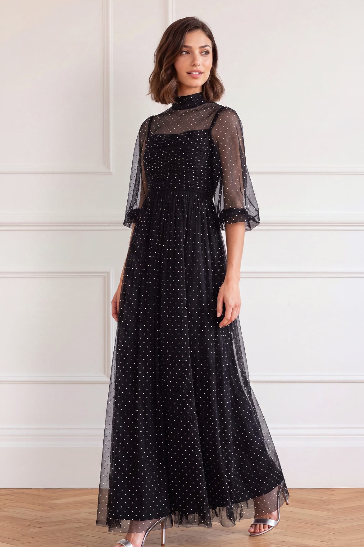 Needle & Thread Amaya Shimmer Long Sleeve Gown sukienka czarna