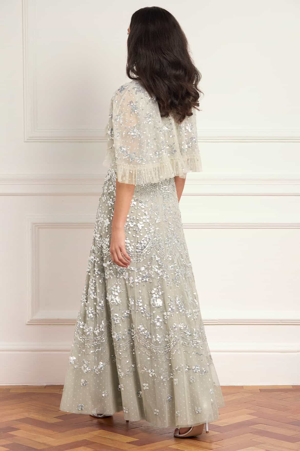 Needle & Thread Freya Cape Ankle Gown sukienka zielona cekiny
