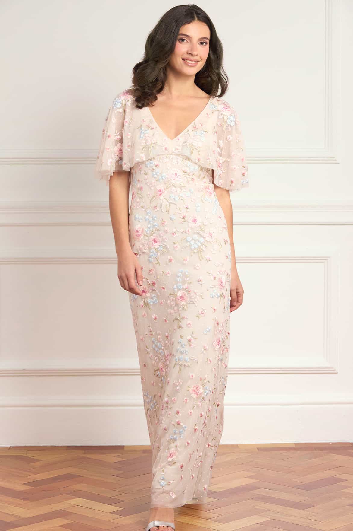 Needle & Thread Peony Bouquet V-Neck Cape suknia Cream haft