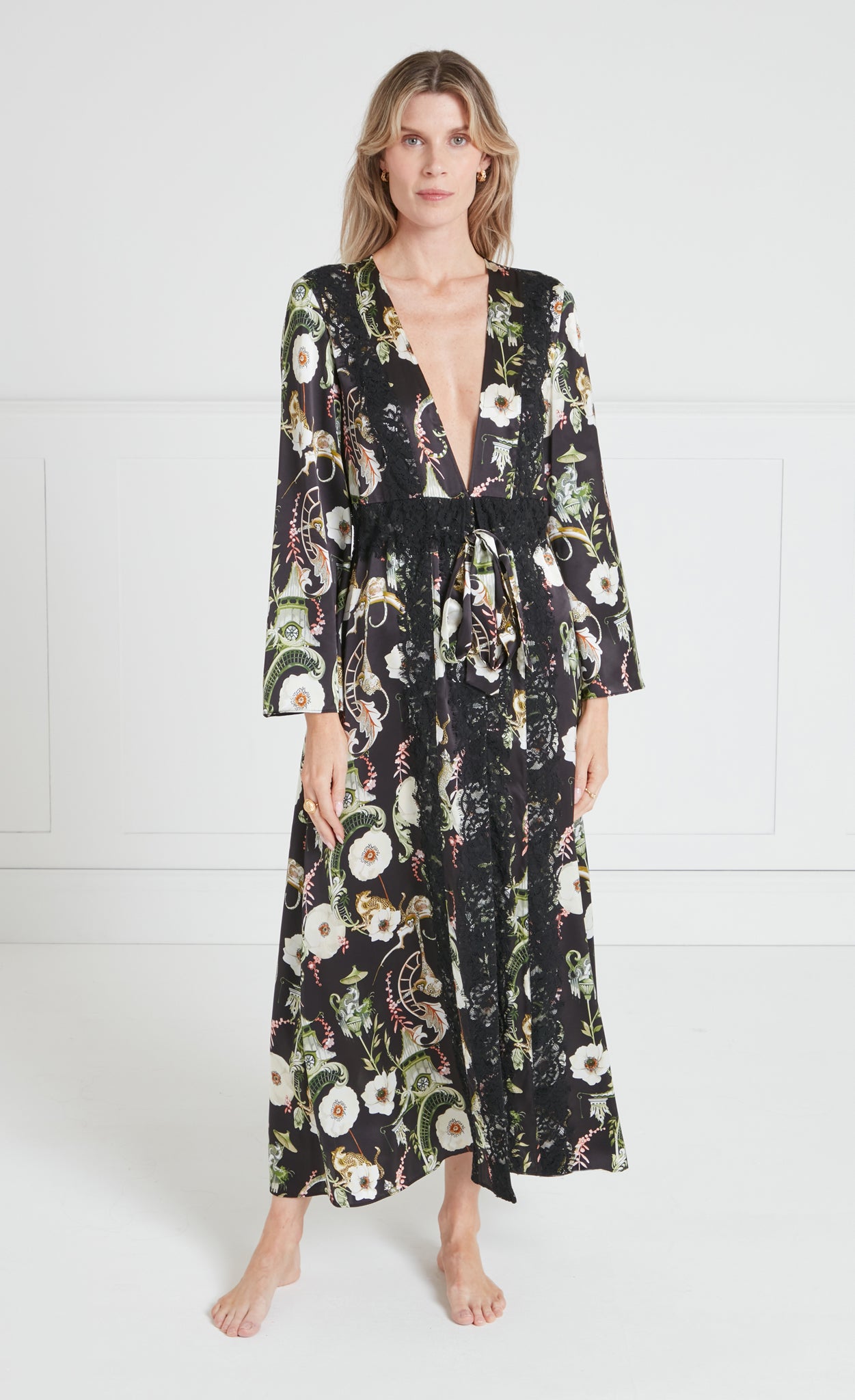 Temperley London Aphrodite Robe szlafrok czarny print koronka