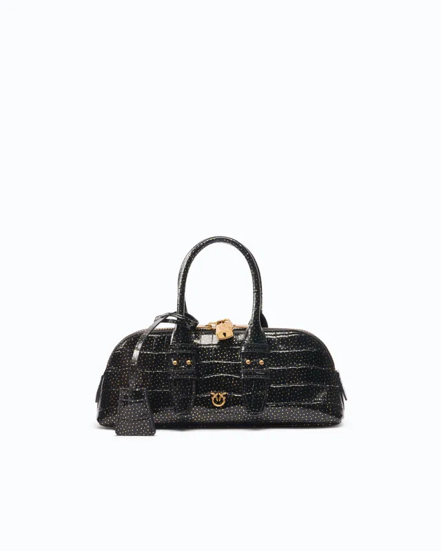 Pinko Bowling Bag torebka czarna skora krokodyl zloto