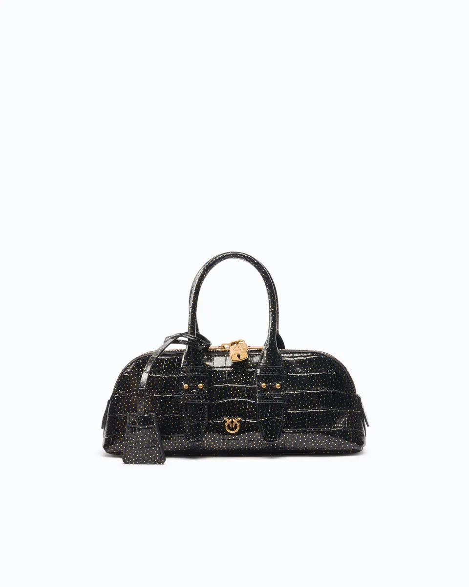 Pinko Bowling Bag torebka czarna skora krokodyl zloto