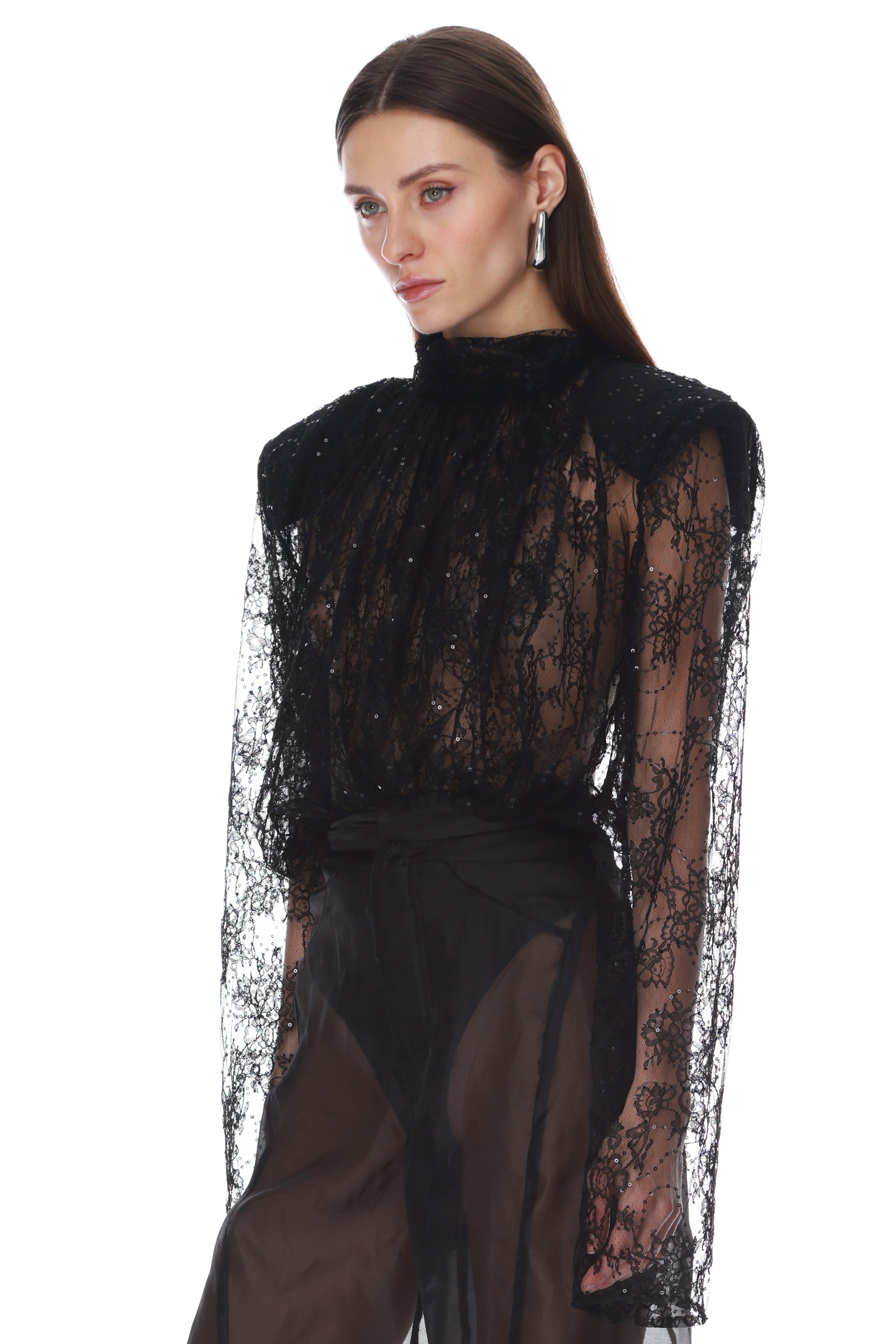 Bronx and Banco Sequin Lace body czarne z długim rękawem