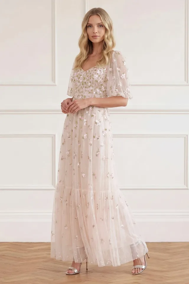 Needle & Thread Meadow Ditsy Sweetheart Ankle Gown sukienka kremowa