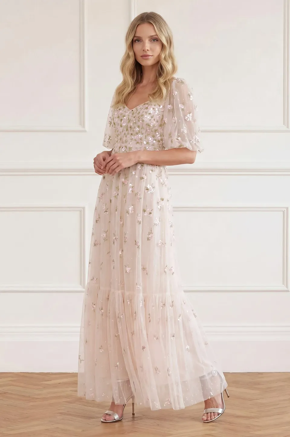 Needle & Thread Meadow Ditsy Sweetheart Ankle Gown sukienka kremowa