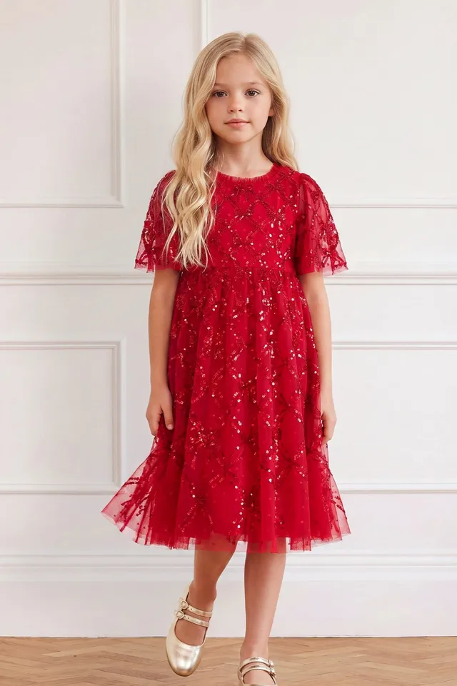 Needle & Thread Bow Lattice Kids Dress sukienka czerwona