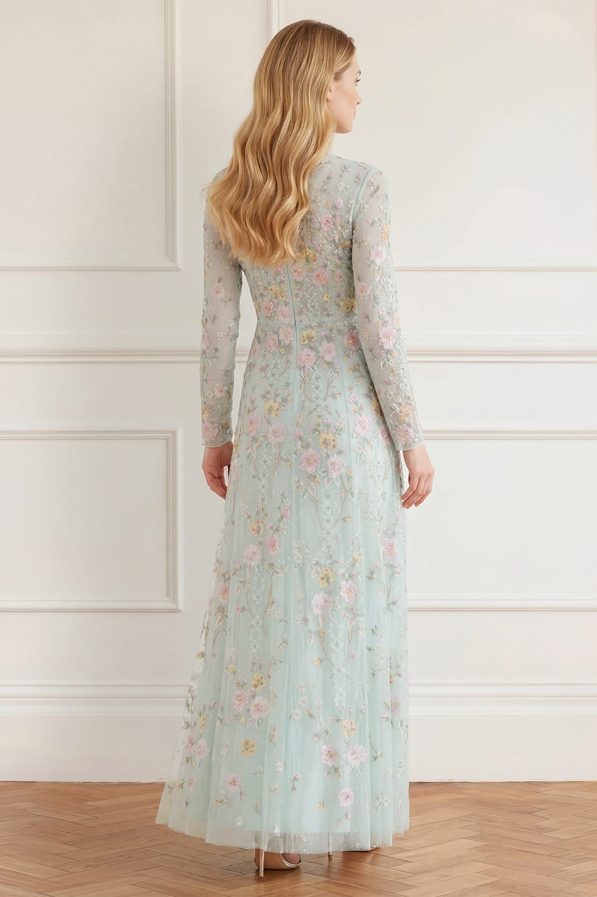 Needle & Thread Garden Rose Ankle Gown sukienka zielona haft