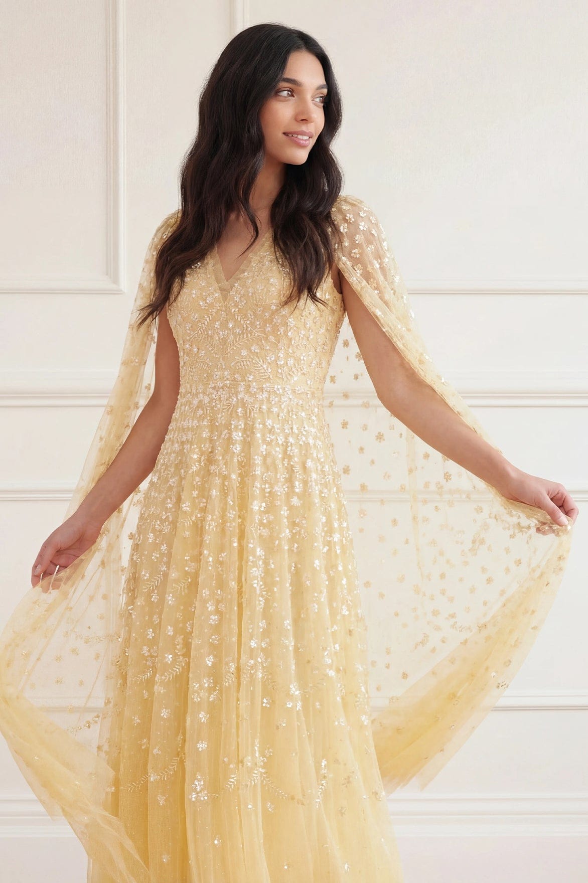 Needle & Thread Clover Cape Sleeve Ankle Gown sukienka żółta