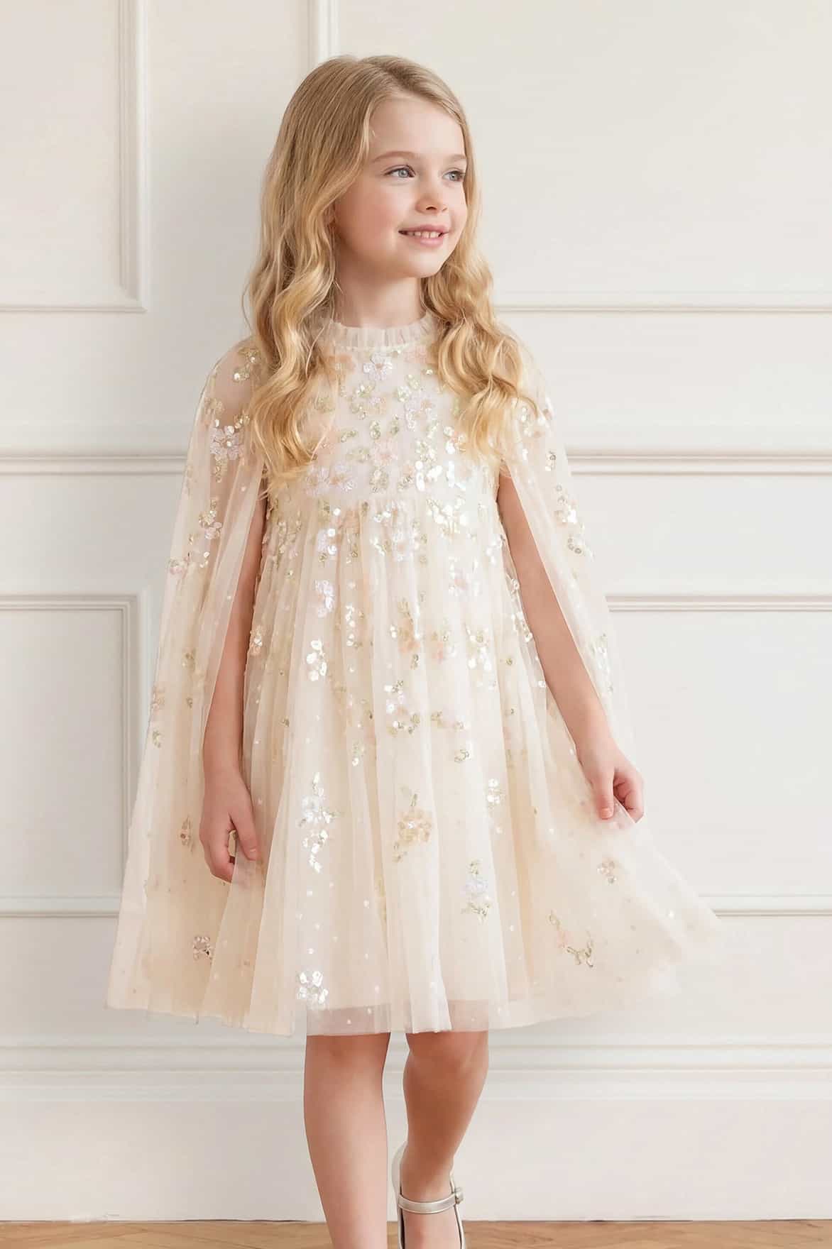 Needle & Thread Freesia Shimmer Cape Kids Dress sukienka kremowa