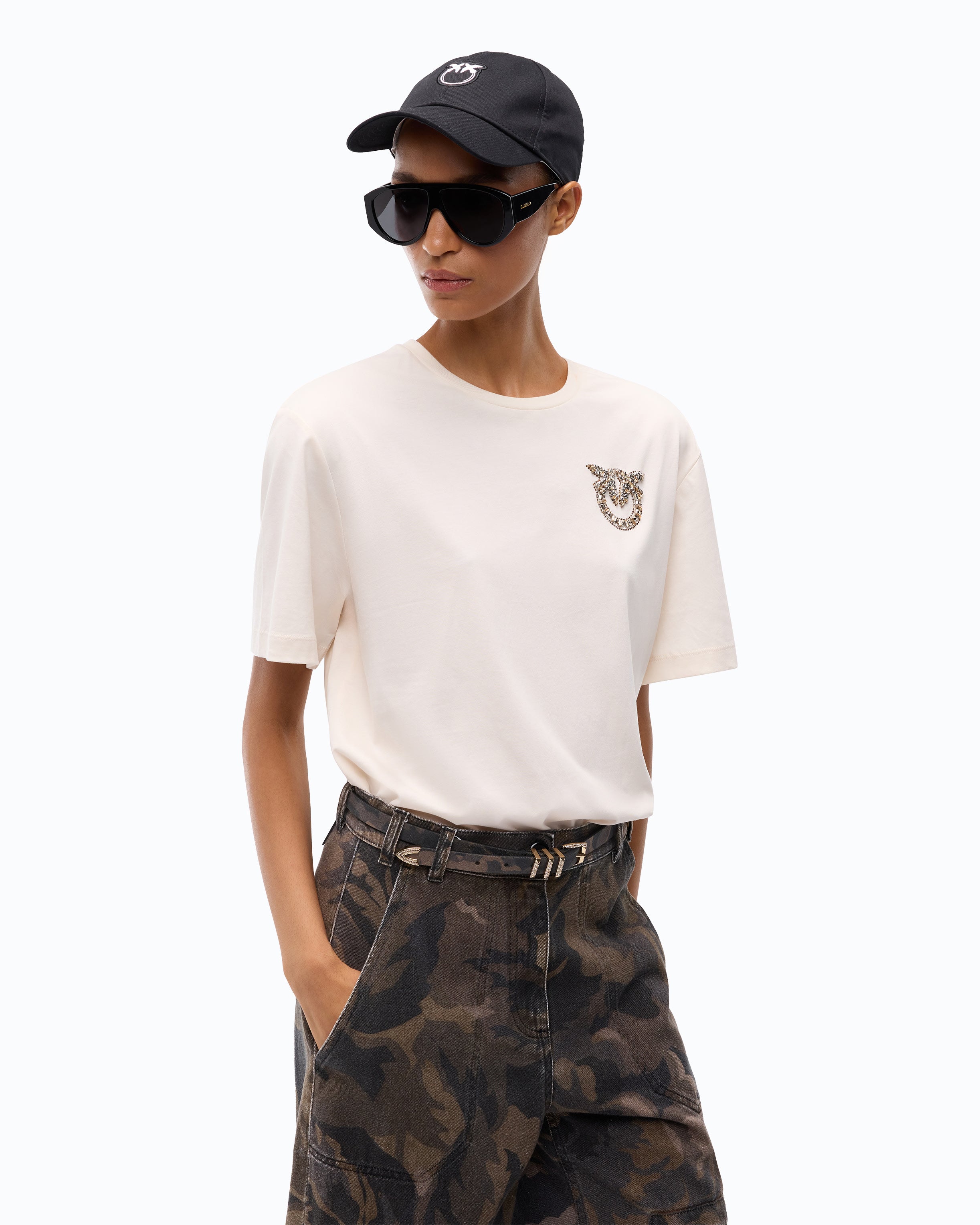 Pinko Strepitoso t-shirt damski beżowy kryształki