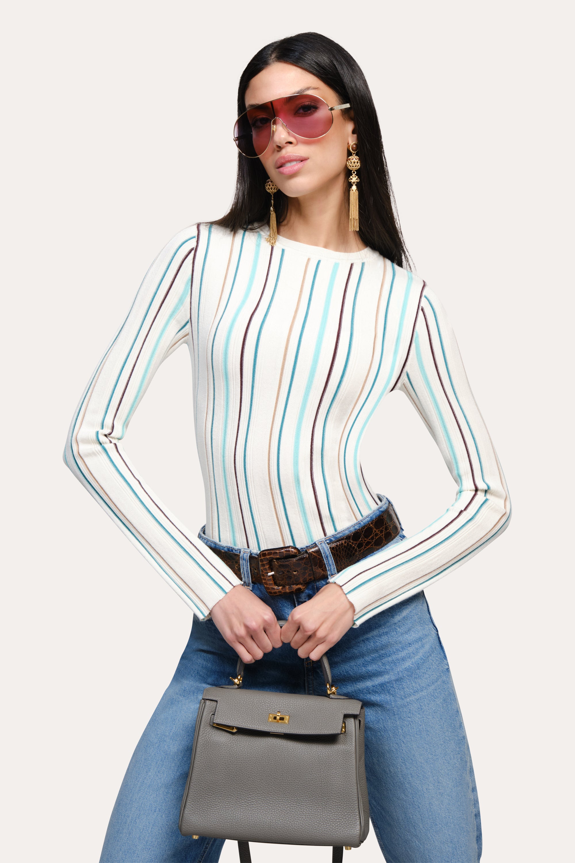 Elie Tahari Lucia top silk wool Aqua Stripe