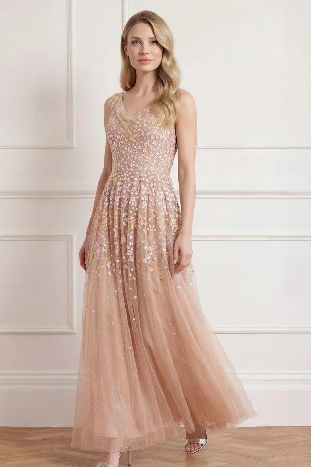 Needle & Thread Versailles Ditsy Cowl Neck Gown sukienka beżowa