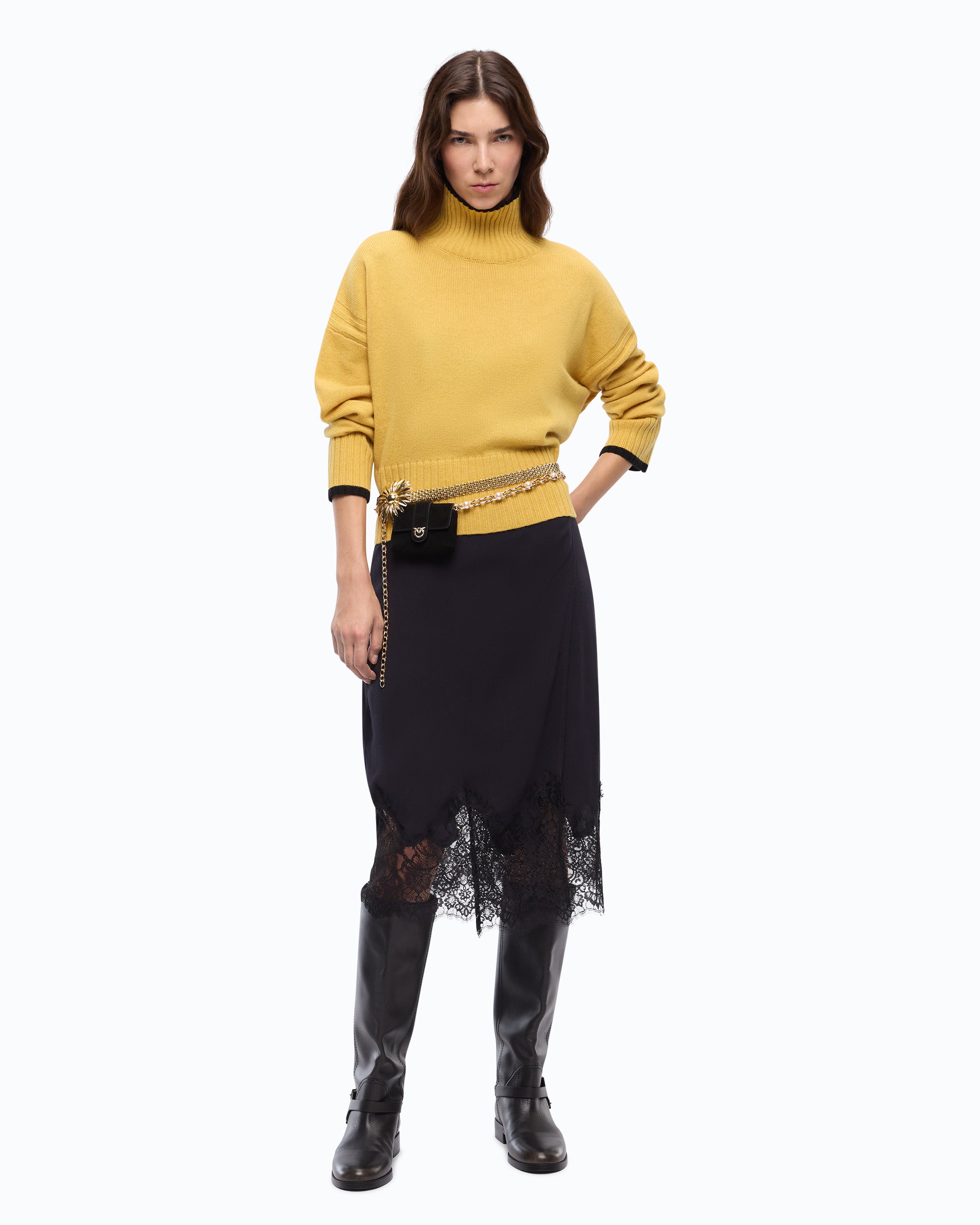 Pinko Falkland Sweater sweter z golfem złoty wełna kaszmir