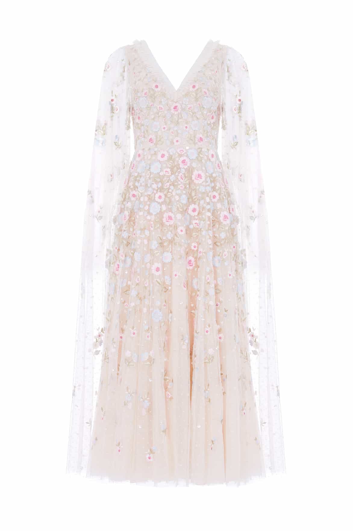 Needle & Thread Ethereal Blooms Cape Sleeve Ankle Gown kremowa