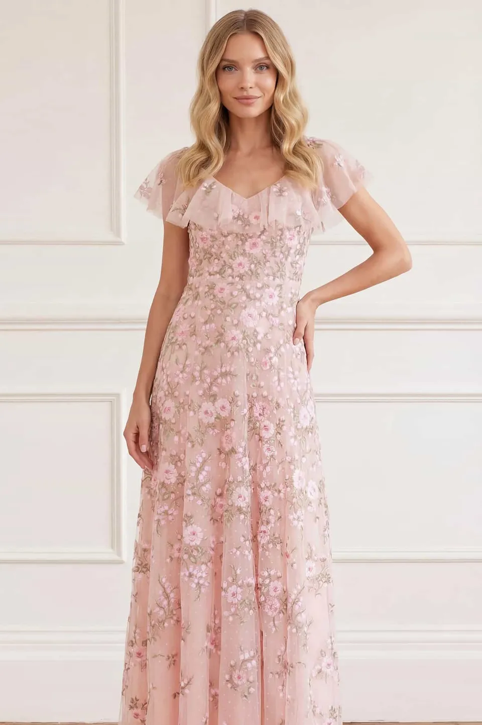 Needle & Thread Eden Rose V-Neck Ankle Gown sukienka różowa haftowana