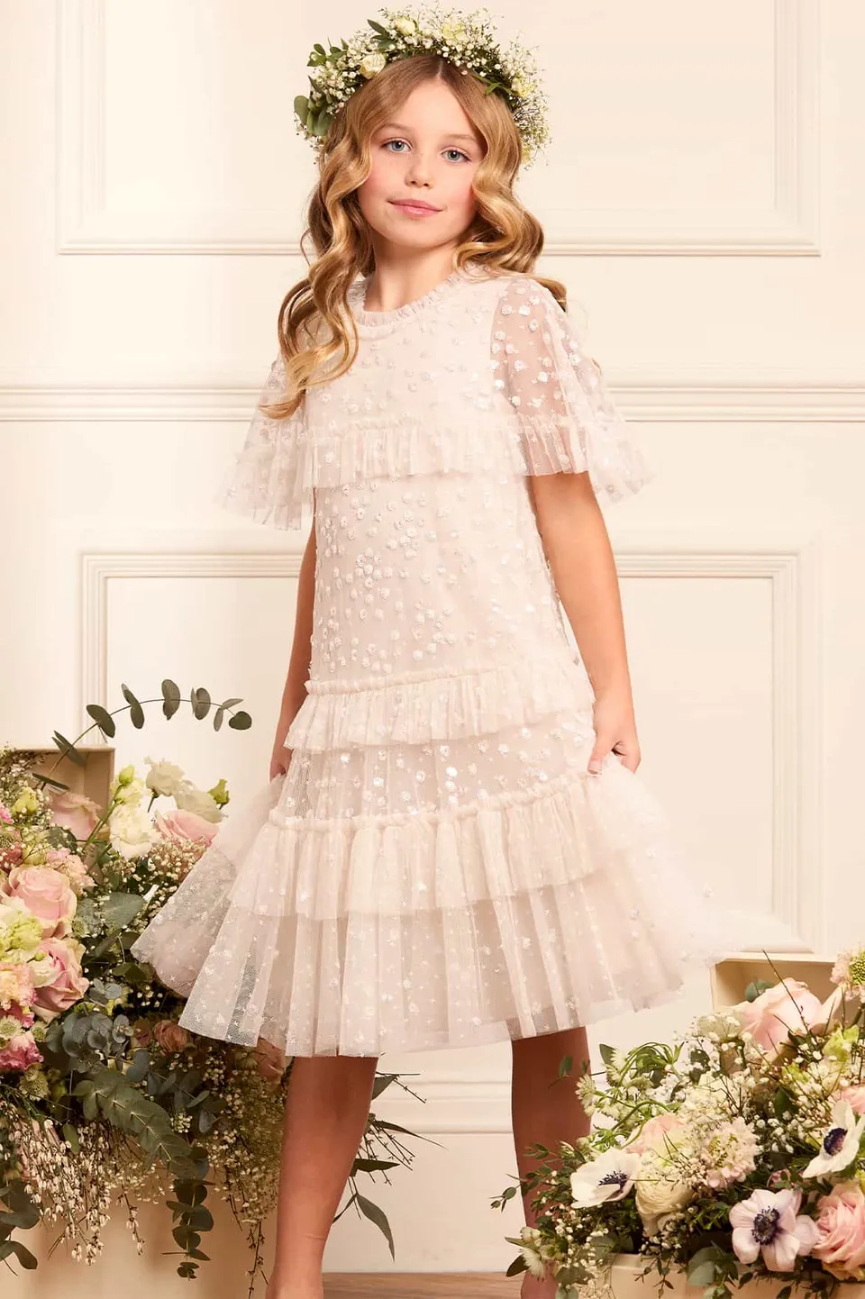 Needle & Thread Leila Dot Tiered Cape Kids Dress sukienka kremowa z peleryną