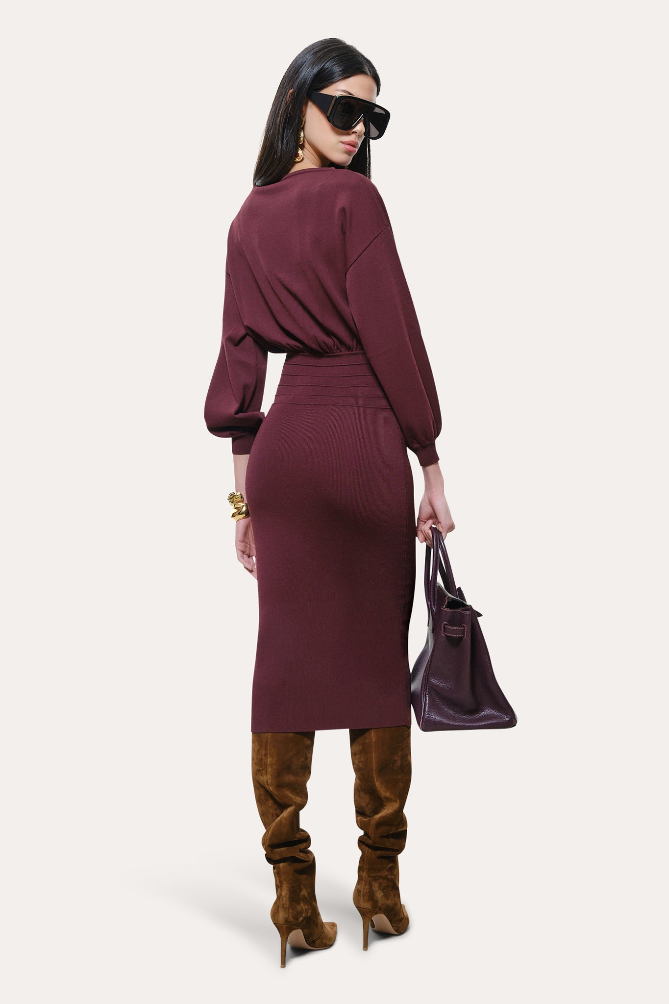 Elie Tahari Milano Yara sukienka midi bordowa dzianinowa