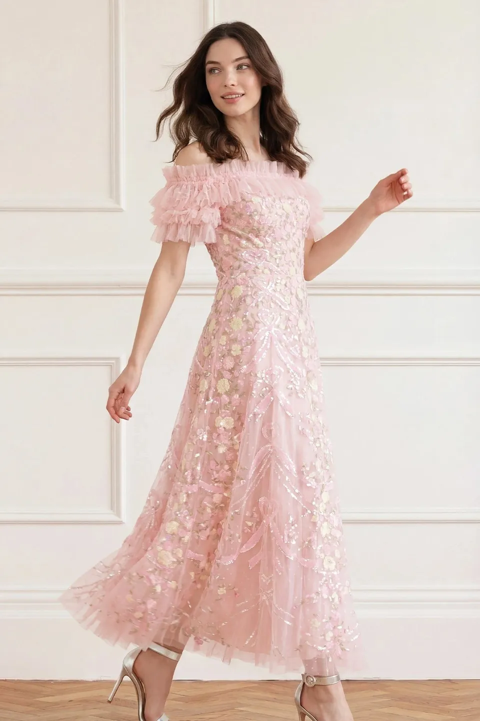 Needle & Thread Ribbon Heart Off-Shoulder Ankle Gown sukienka różowa