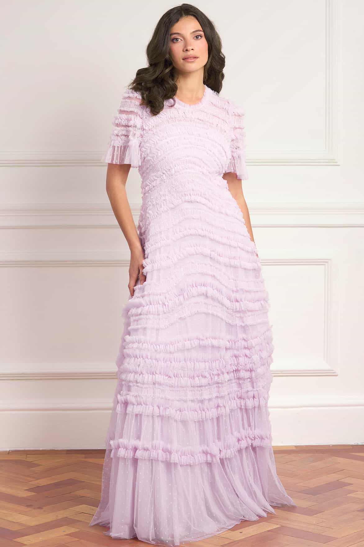 Needle & Thread Amara Round Neck Ruffle suknia liliowa