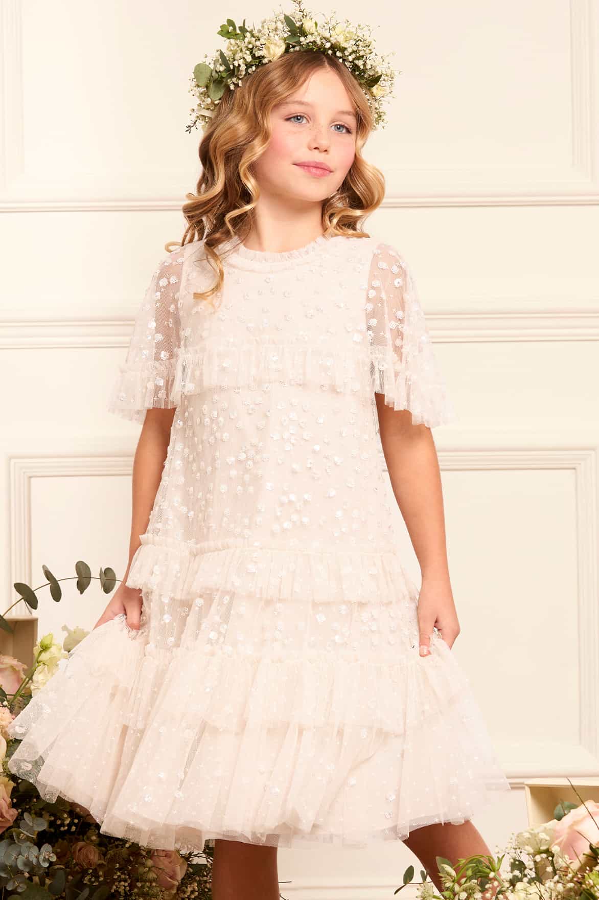 Needle & Thread Leila Dot Tiered Cape Kids Dress sukienka kremowa z peleryną