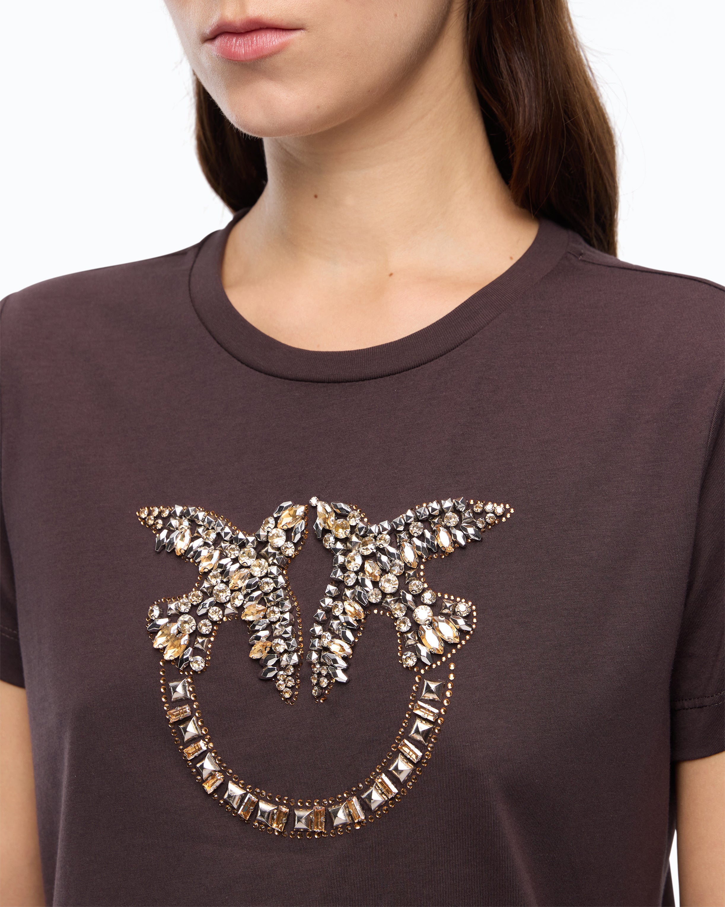 Pinko Love Birds t-shirt bawełniany brązowy kryształki