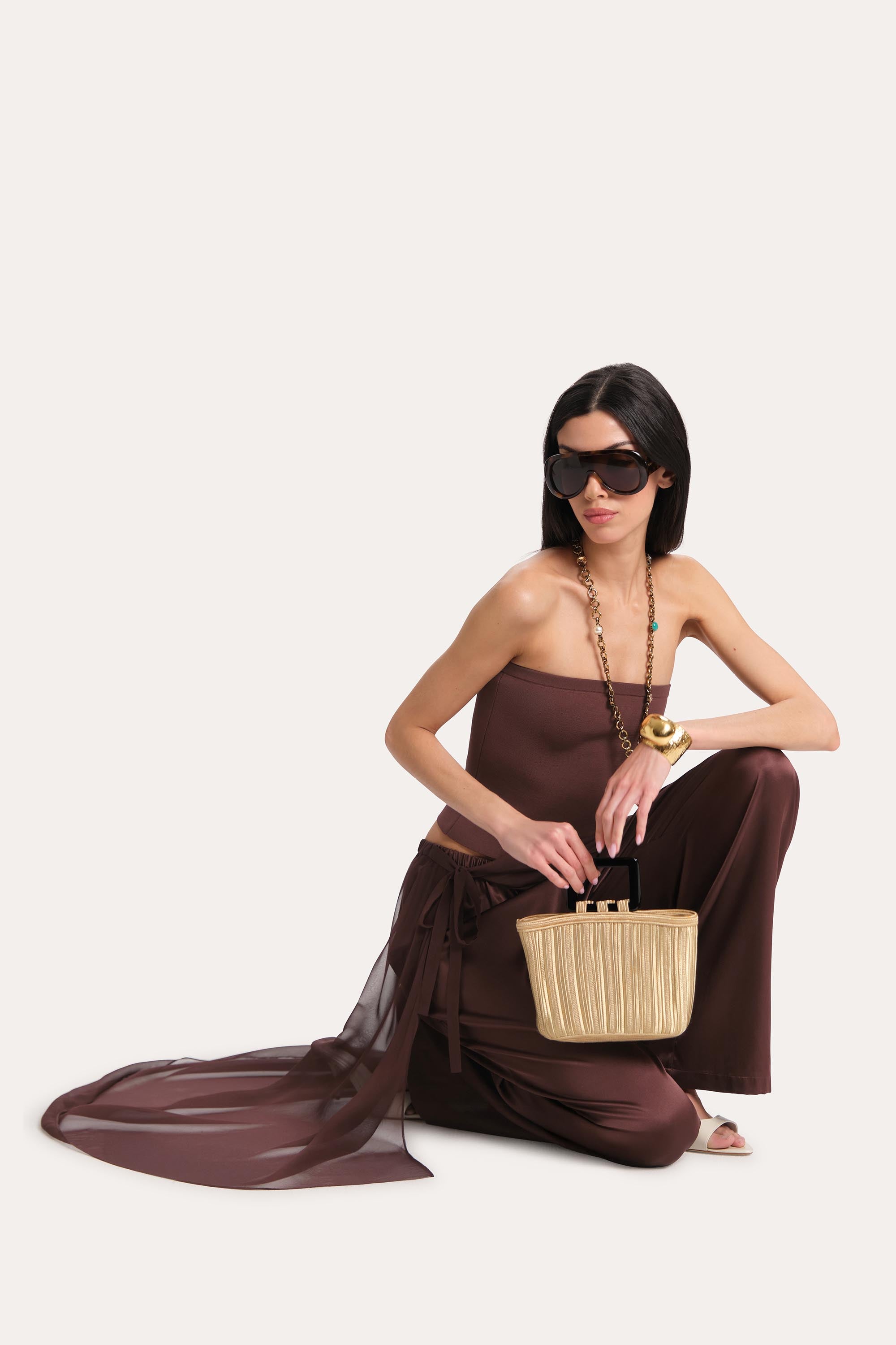 Elie Tahari Jackie Satin Wrap spodnie satynowe brązowe jedwab