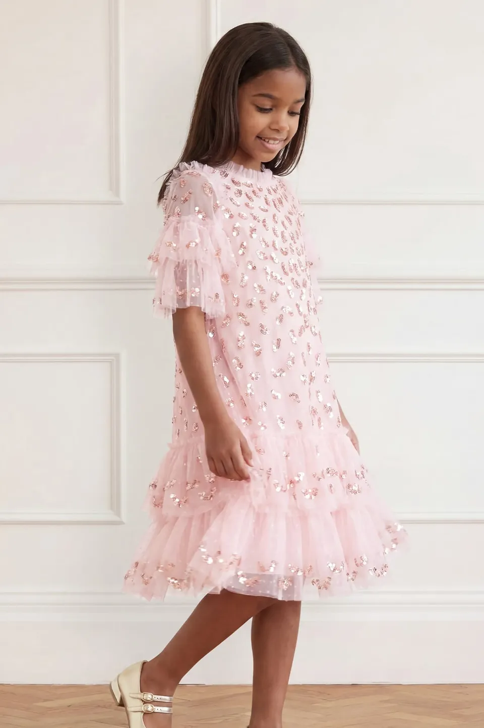 Needle & Thread Autumn Leaves Kids Dress sukienka różowa cekinowa