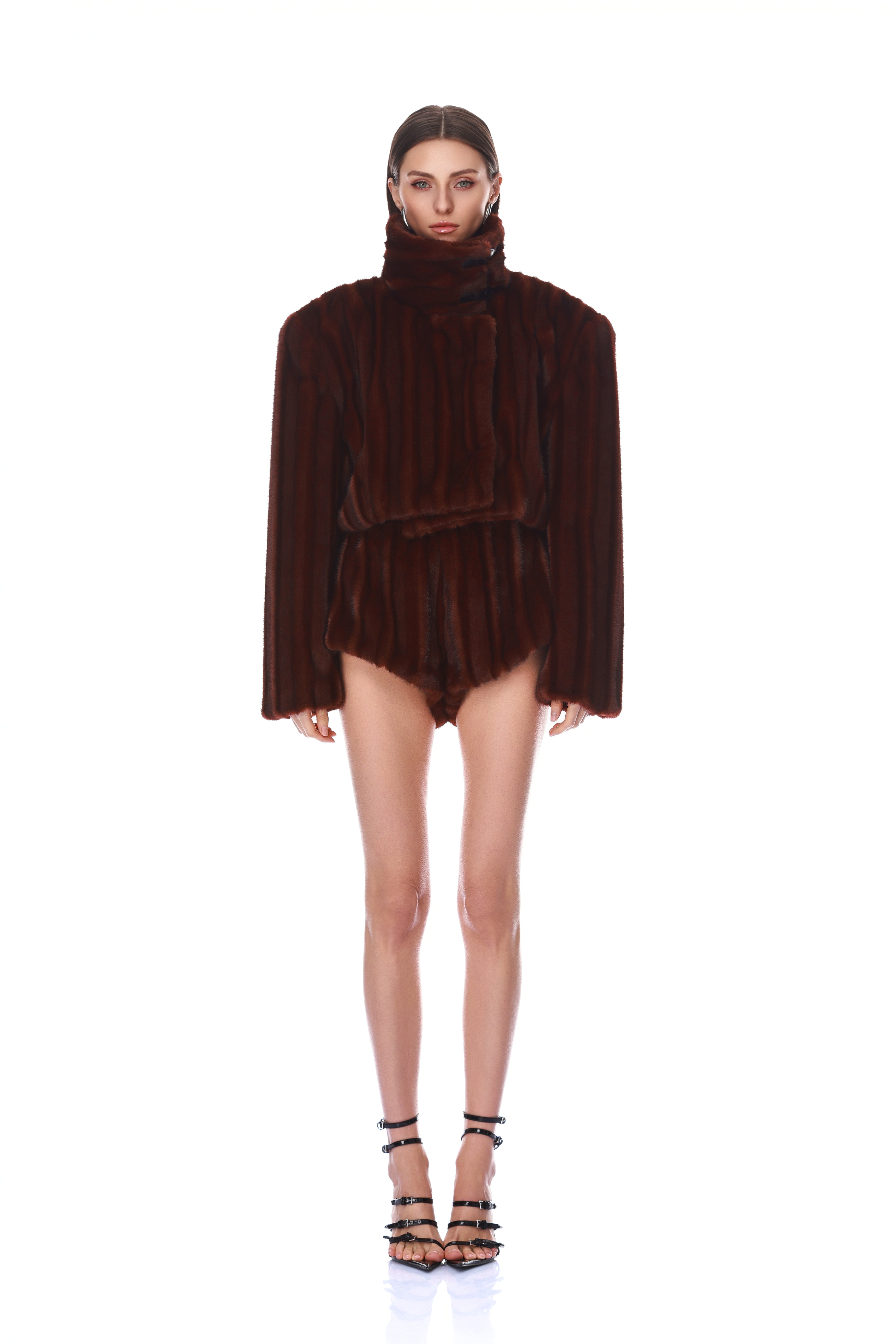 Bronx and Banco Faux Mink Dark Brown szorty futrzane