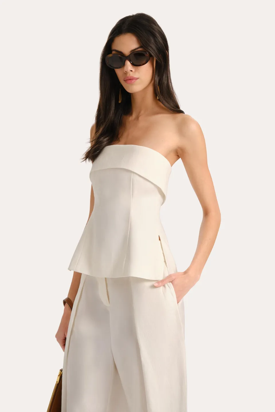 Elie Tahari Linda lniany top bez ramiączek perłowy