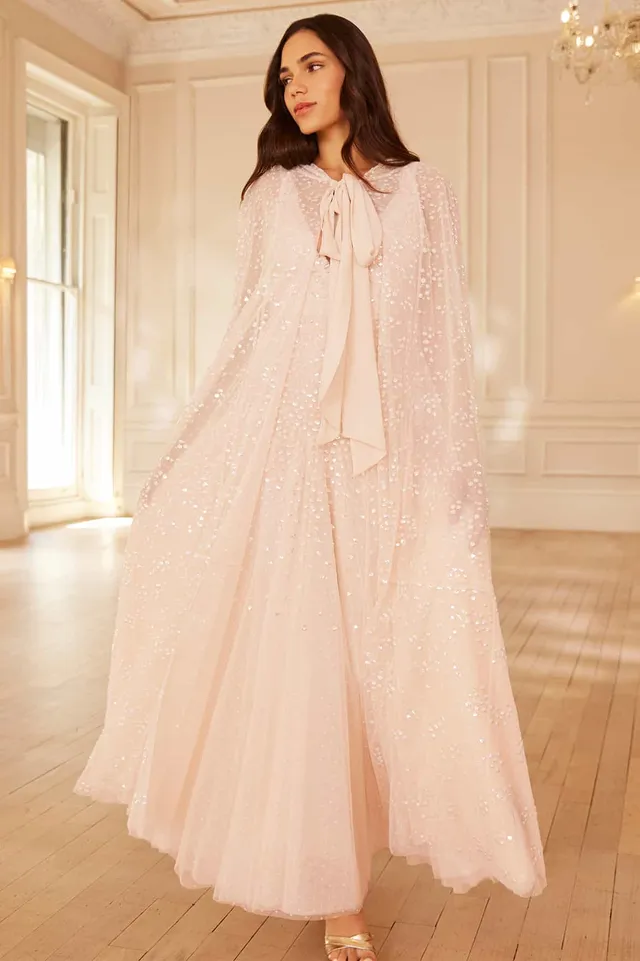 Needle & Thread Dappled Sequin Hooded Long Cape peleryna kremowa