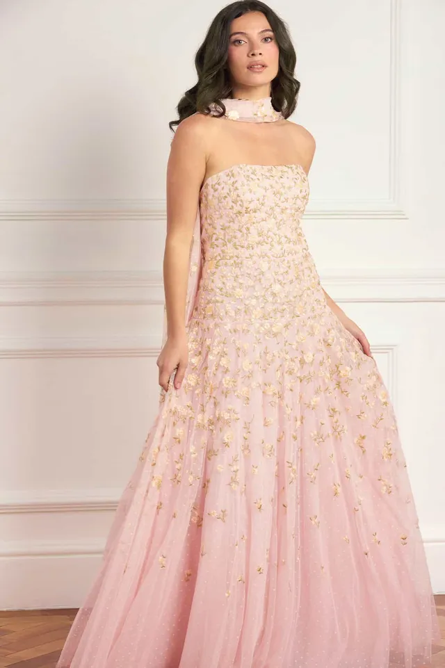 Needle & Thread Lea Ditsy Strapless Cape Gown sukienka różowa haft