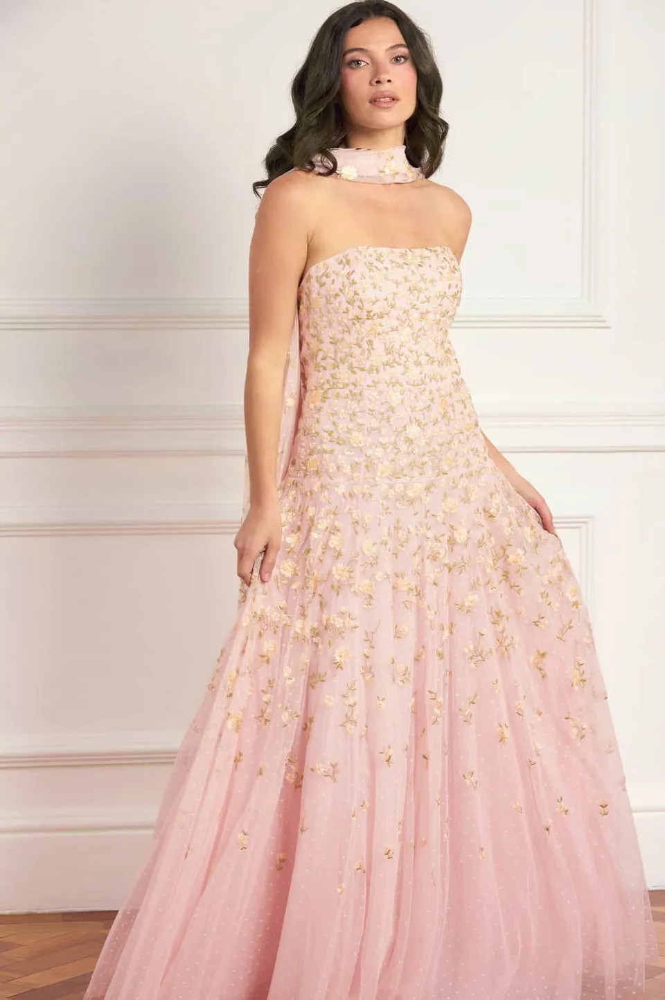 Needle & Thread Lea Ditsy Strapless Cape Gown sukienka różowa haft