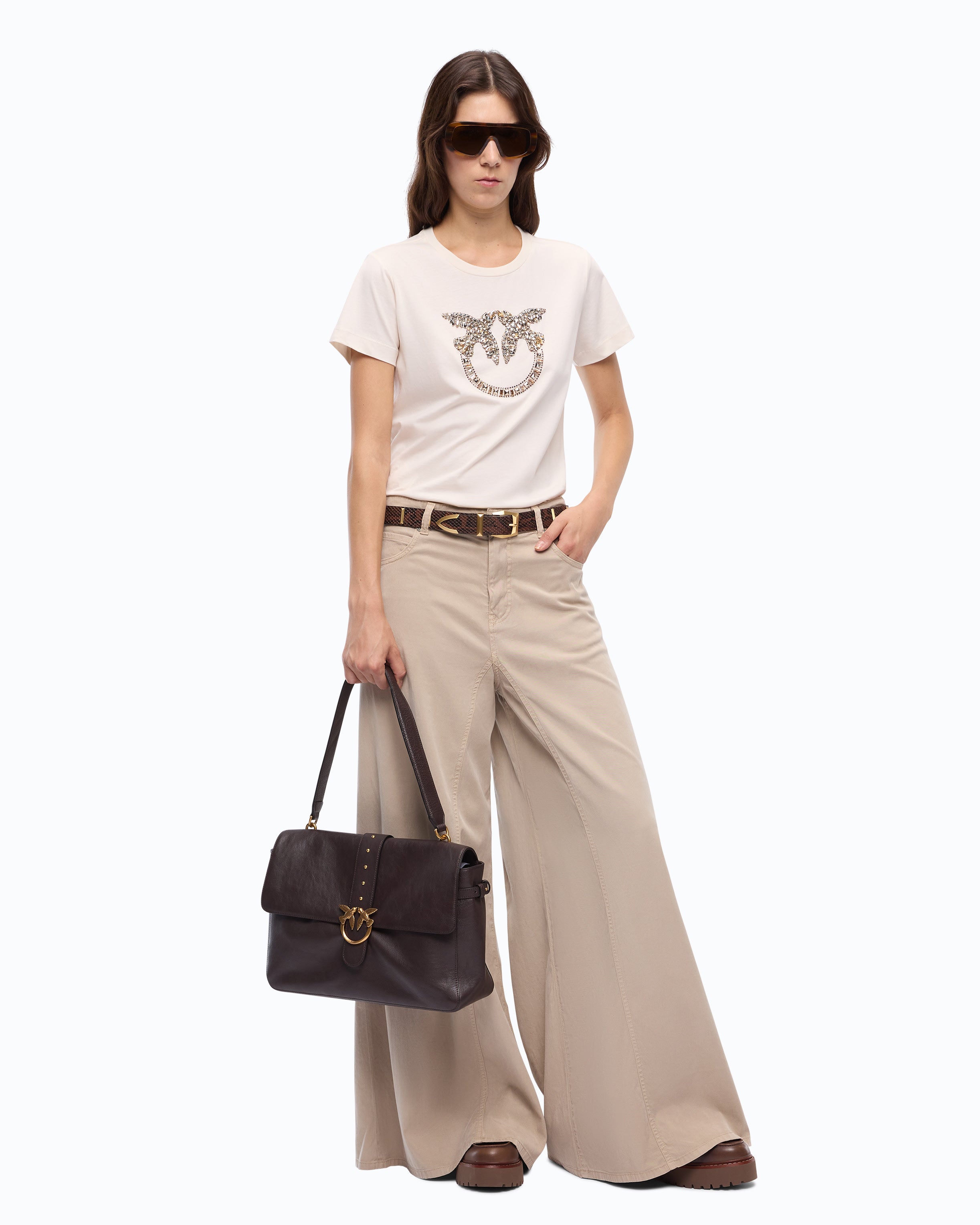 Pinko Love Birds t-shirt bawełniany beżowy kryształki