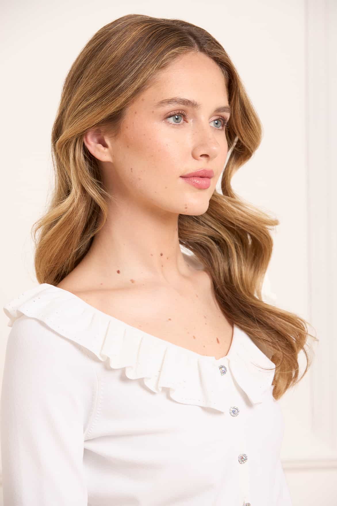 Needle & Thread Pointelle Trim Knit kardigan kremowy krótki