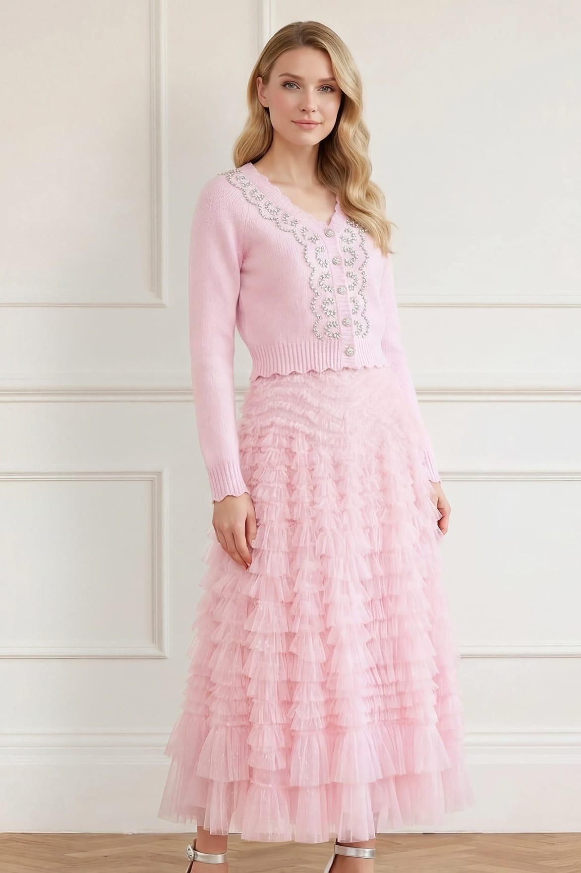 Needle & Thread Embellished V-Neck kardigan rozowy krotki