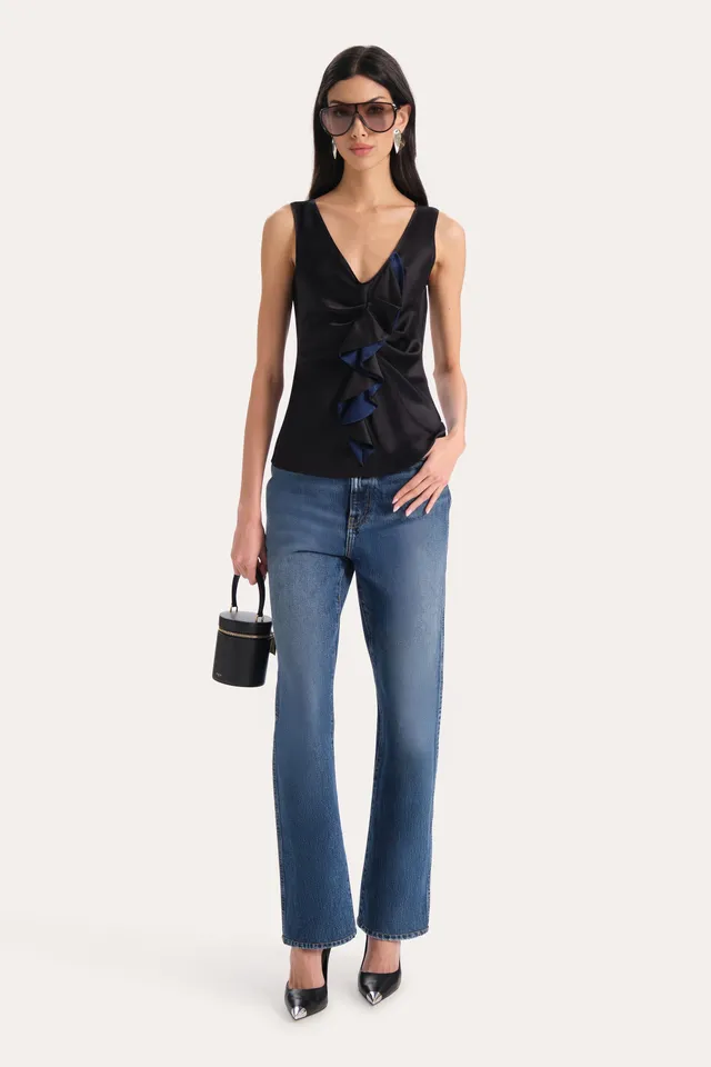 Elie Tahari Silk Satin top jedwabny czarny z falbaną