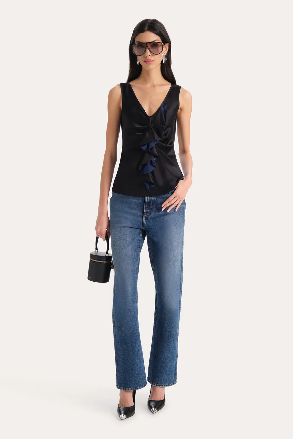 Elie Tahari Silk Satin top jedwabny czarny z falbaną