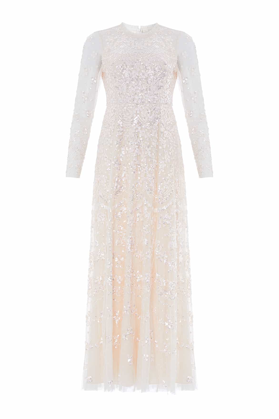 Needle & Thread Freya Long Sleeve Gown suknia kremowa z cekinami