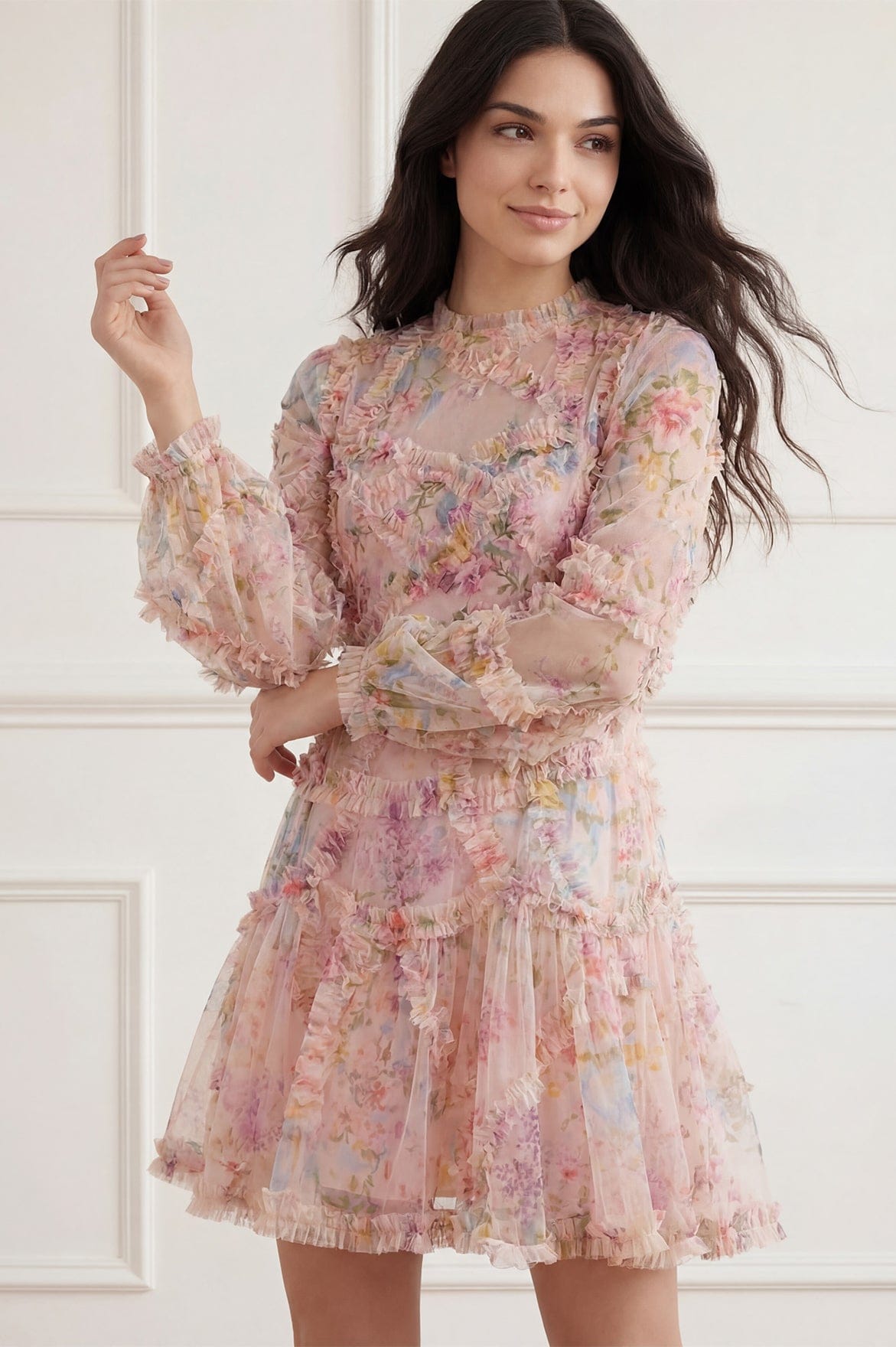 Needle & Thread Floral Diamond Ruffle Dress sukienka multi